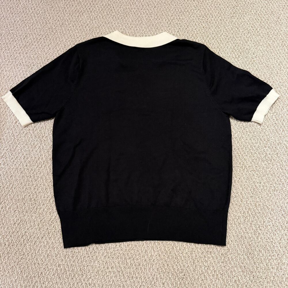 Kate Kasin Black White Contrast Collar Knit Polo Sweater Top Womens M - Picture 4 of 7